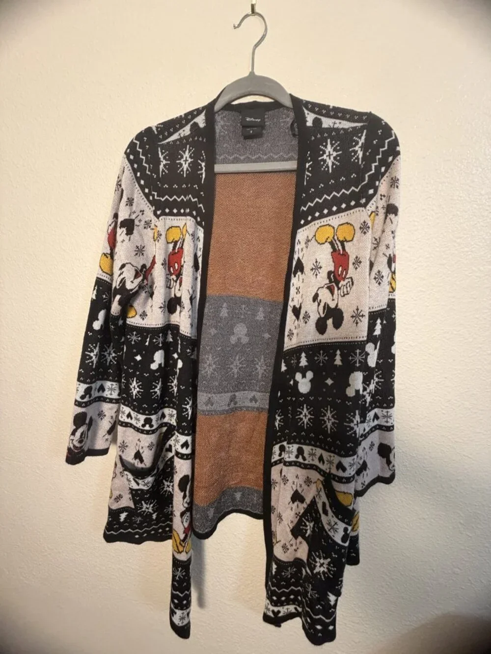 Disney Mickey Mouse Fair Isle Nordic Knit Open Duster Cardigan Christmas Sz 0 S
